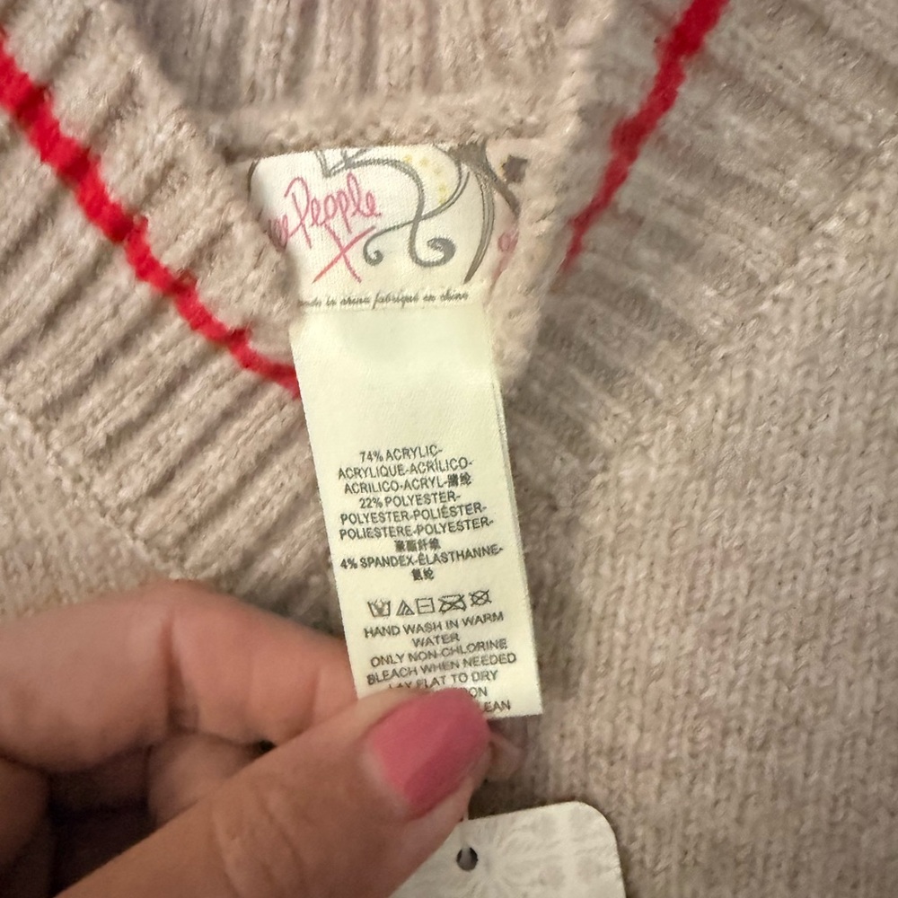 Free People Cream V-Neck Sweater with Red Trim